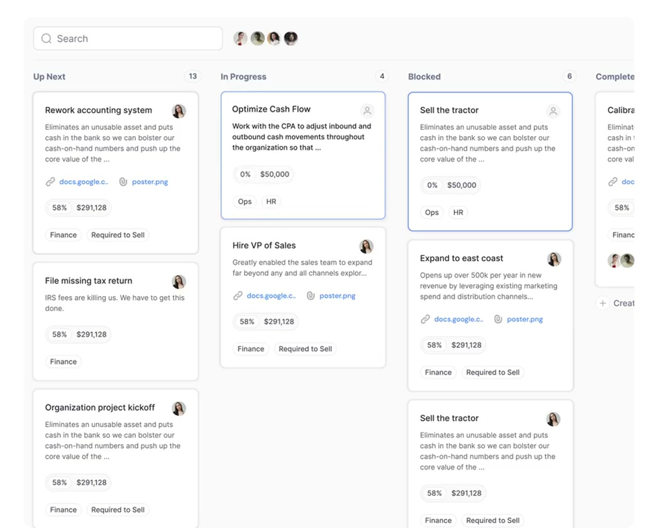 Task board in the FNDRS platform